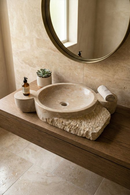 حوض مغسلة حجر طبيعي دائري مع قواعد جانبية – 76×46 سم